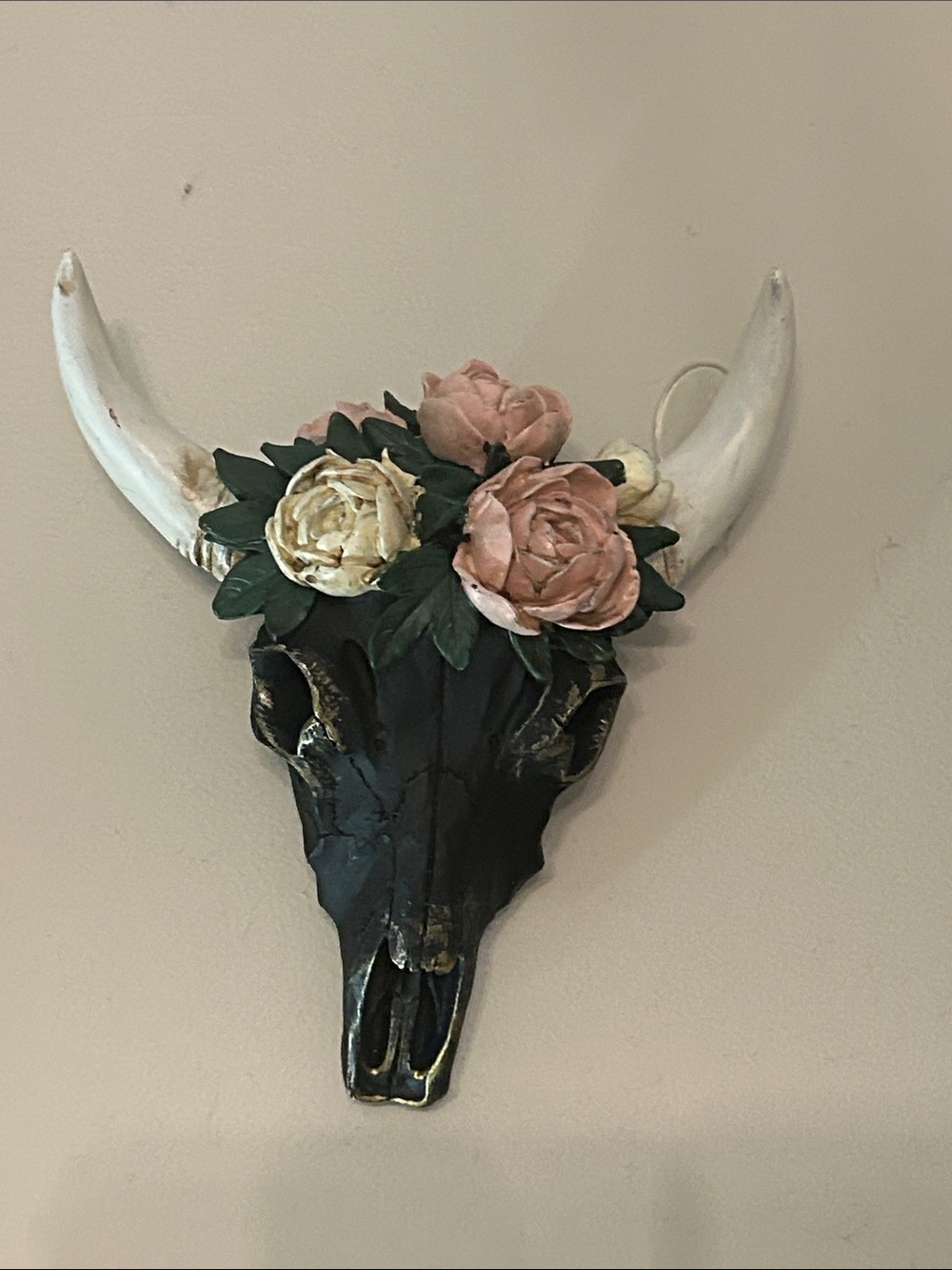 Ashland Black Bull Skull Wall Decor with Pink and Cream Floral